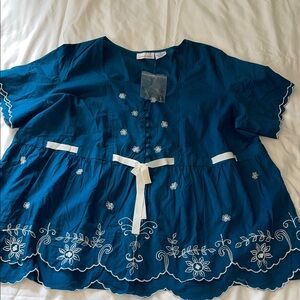 Chelsea Studio NWOT Teal Embroidered Peasant Blouse w White Trim. Cotton. 2X
